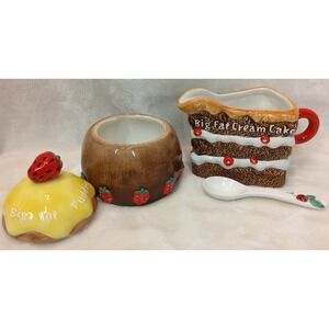 Retired Mikasa Studio Nova "Sweet Treats" Ceramic Creamer, Sugar Bowl and Spoon